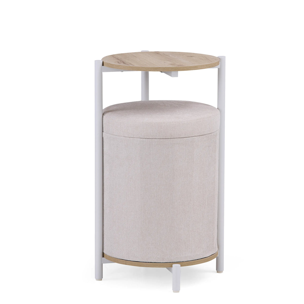 Deux tables d'appoint cylindriques Nestup 1 avec couvercles rembourrés amovibles dans un ton gris clair de hjh LIVING