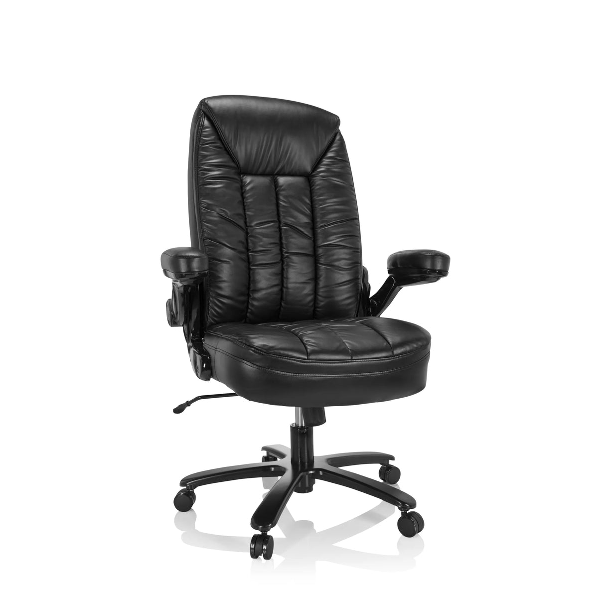 Siège pivotant XXL INSTRUCTOR III noir en similicuir avec pied en étoile et cinq roulettes de hjh OFFICE – vue à 360° (vue de face 20°)