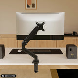 Fixation pour écran Ergomount GF1 noire avec bras articulé sur un bureau de hjh OFFICE (image générée par IA)