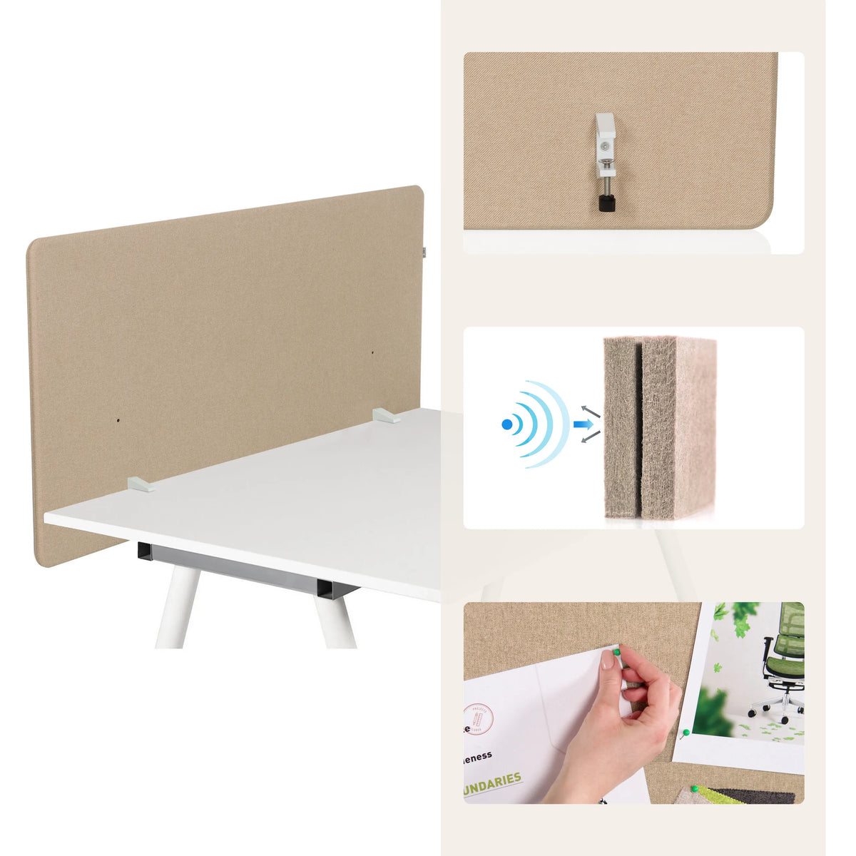 Cloisons de table FLEXMIUT D1 beiges avec clips de fixation, symbole d'insonorisation et fonction épingleur de hjh OFFICE
