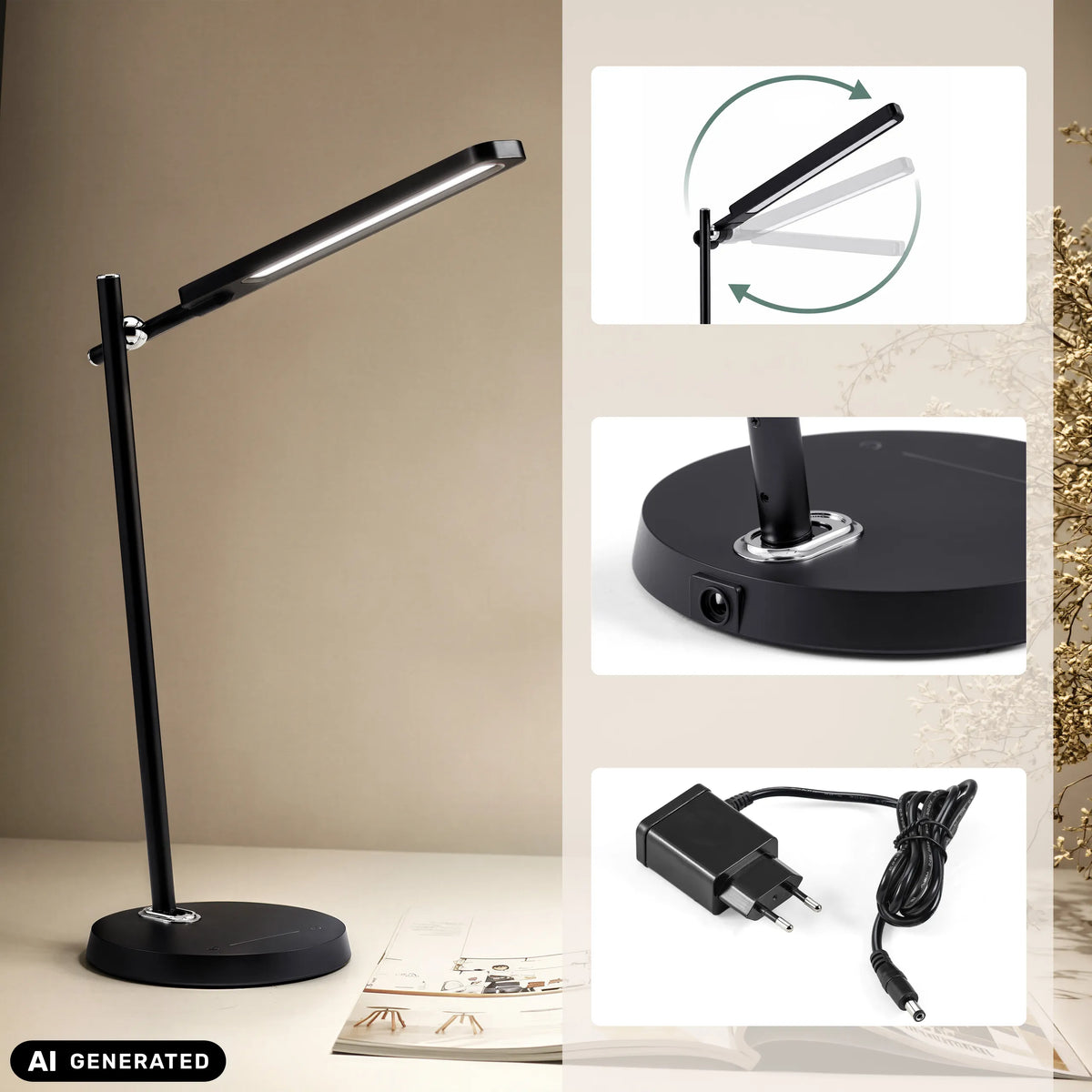 Lampe de bureau Lumanova D2 en noir avec bloc d'alimentation et tête orientable de hjh OFFICE (image générée par IA)