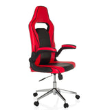 Fauteuil Gamer GAME SPORT PRO rouge et noir avec accoudoirs et base à cinq roulettes de MyBuero – vue à 360° (vue de trois quarts avant 45°)