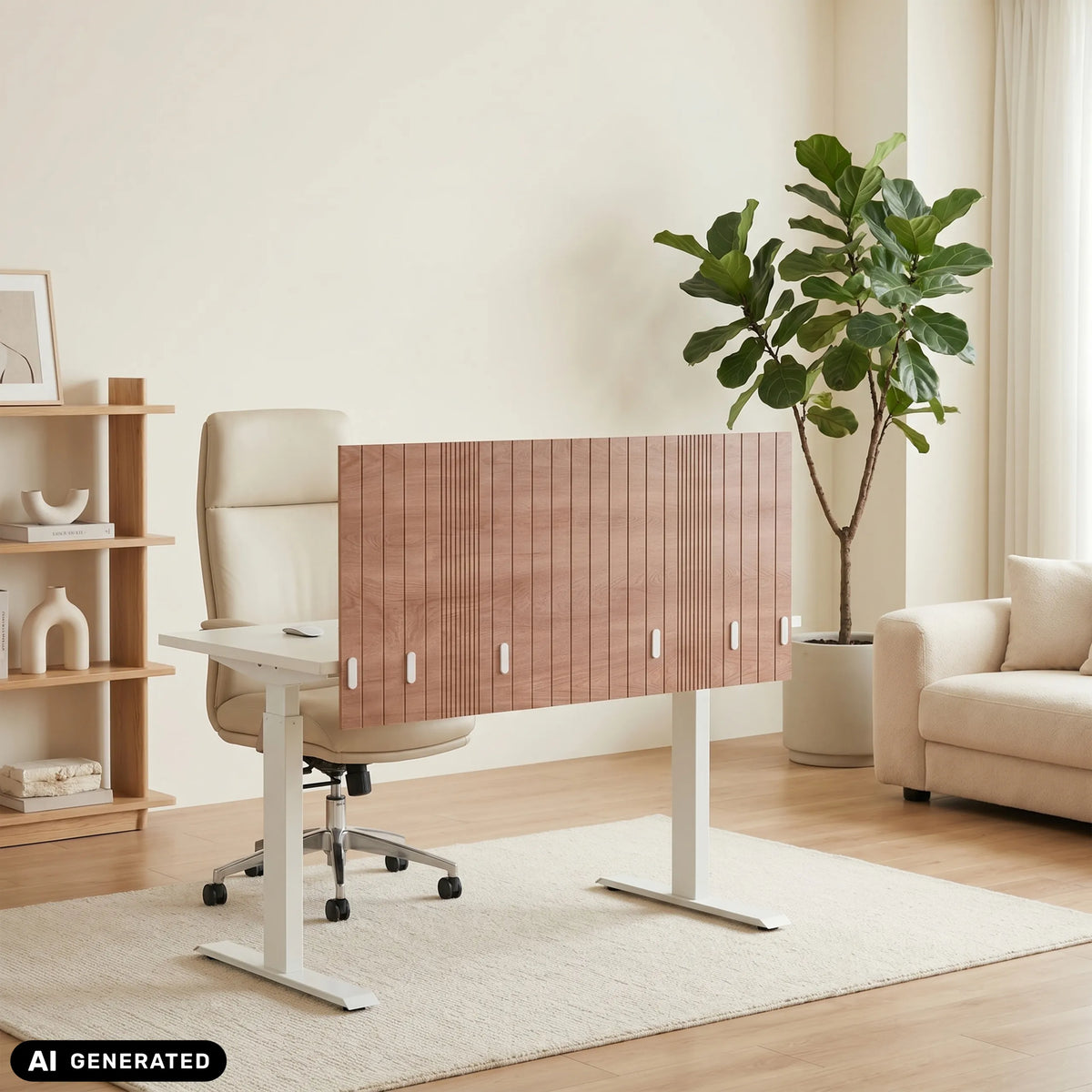 Cloison de table marron FLEXMIUT ROLL W avec rainures longitudinales sur un bureau blanc de hjh OFFICE