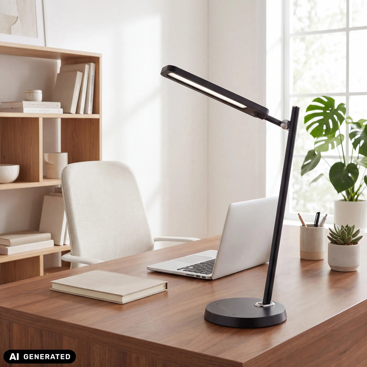 Lampe de bureau Lumanova D2 en noir sur un bureau en bois de hjh OFFICE (image générée par IA)