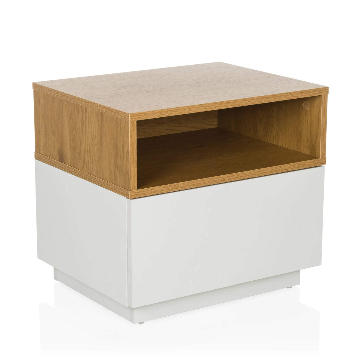 Table d'appoint MELMO blanche avec une étagère effet chêne de hjh LIVING – vue à 360° (vue de trois quarts avant 30°)