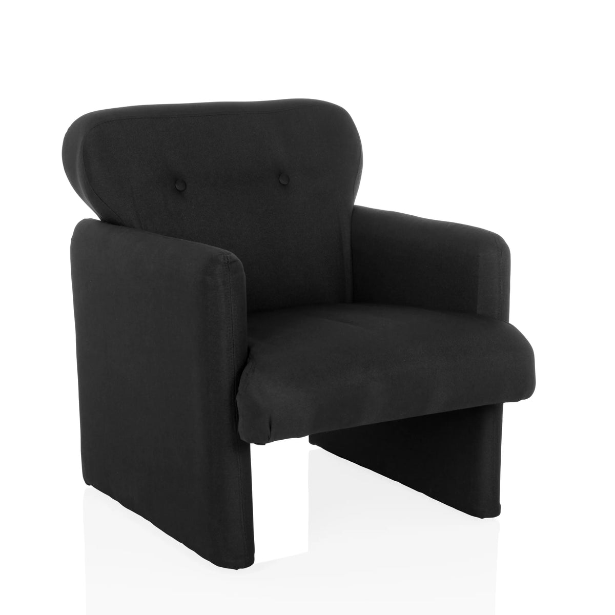 Fauteuil de salon CARIPITO noir avec revêtement en tissu et deux boutons sur le dossier de hjh LIVING – vue à 360° (vue de trois quarts avant 30°)