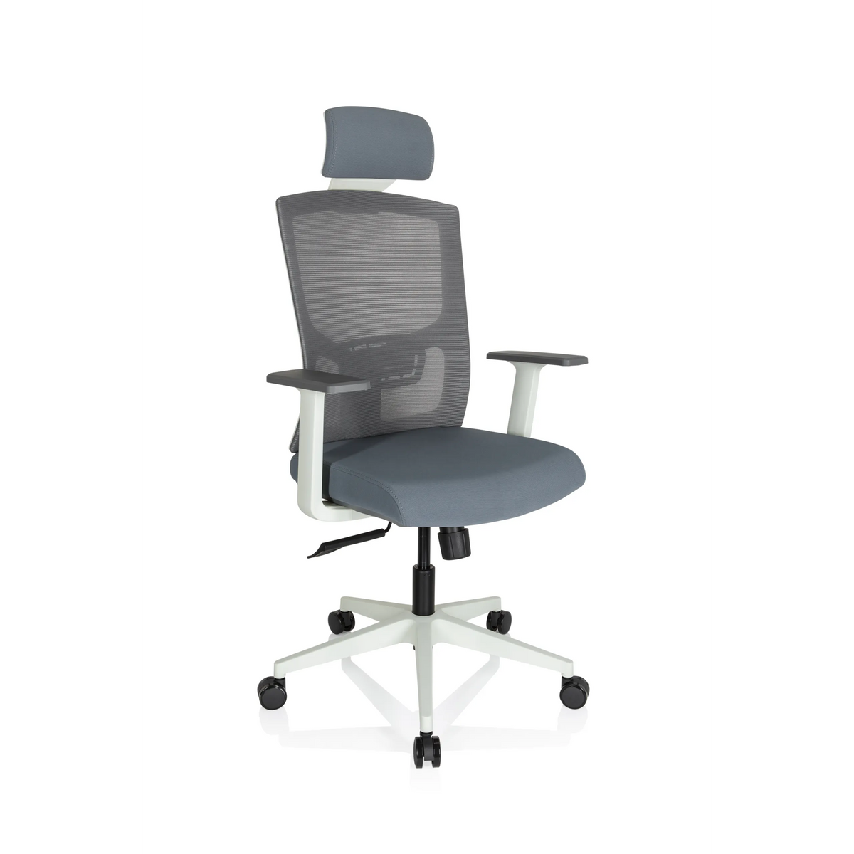 Siège de bureau de qualité professionnelle CAPTIVO BASE W gris, dossier maille, appui-tête et base blanche de hjh OFFICE – vue à 360° (vue de trois quarts avant 40°)