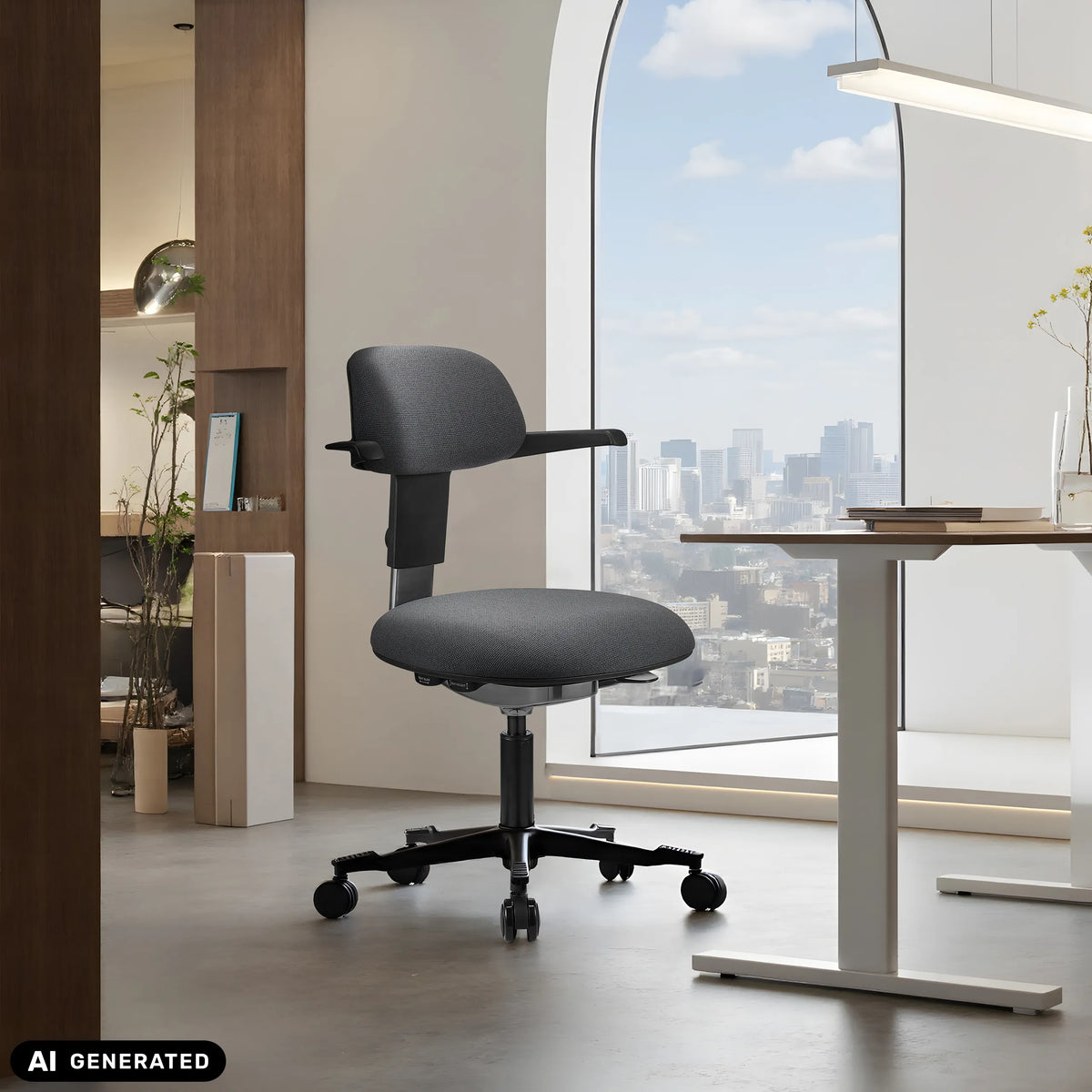 Chaise de travail WORK 40 gris foncé avec accoudoirs et roulettes devant une fenêtre de hjh OFFICE (image générée par IA)