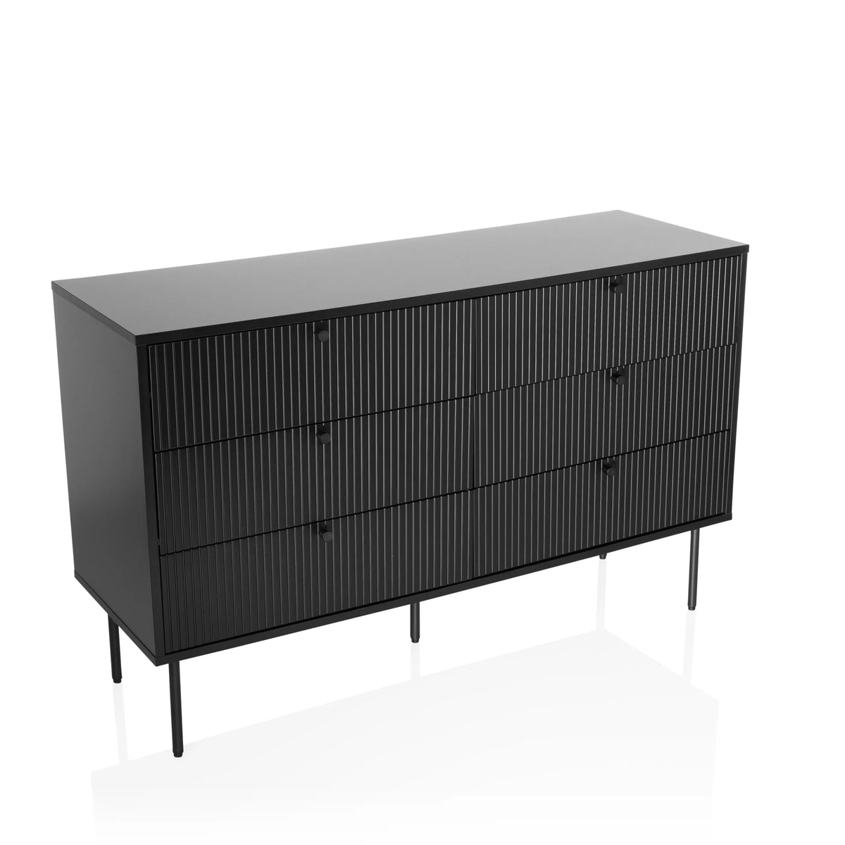 Buffet noir KARBY S avec façades à rainures verticales et six poignées bouton de hjh LIVING – vue à 360° (vue de face 15°)