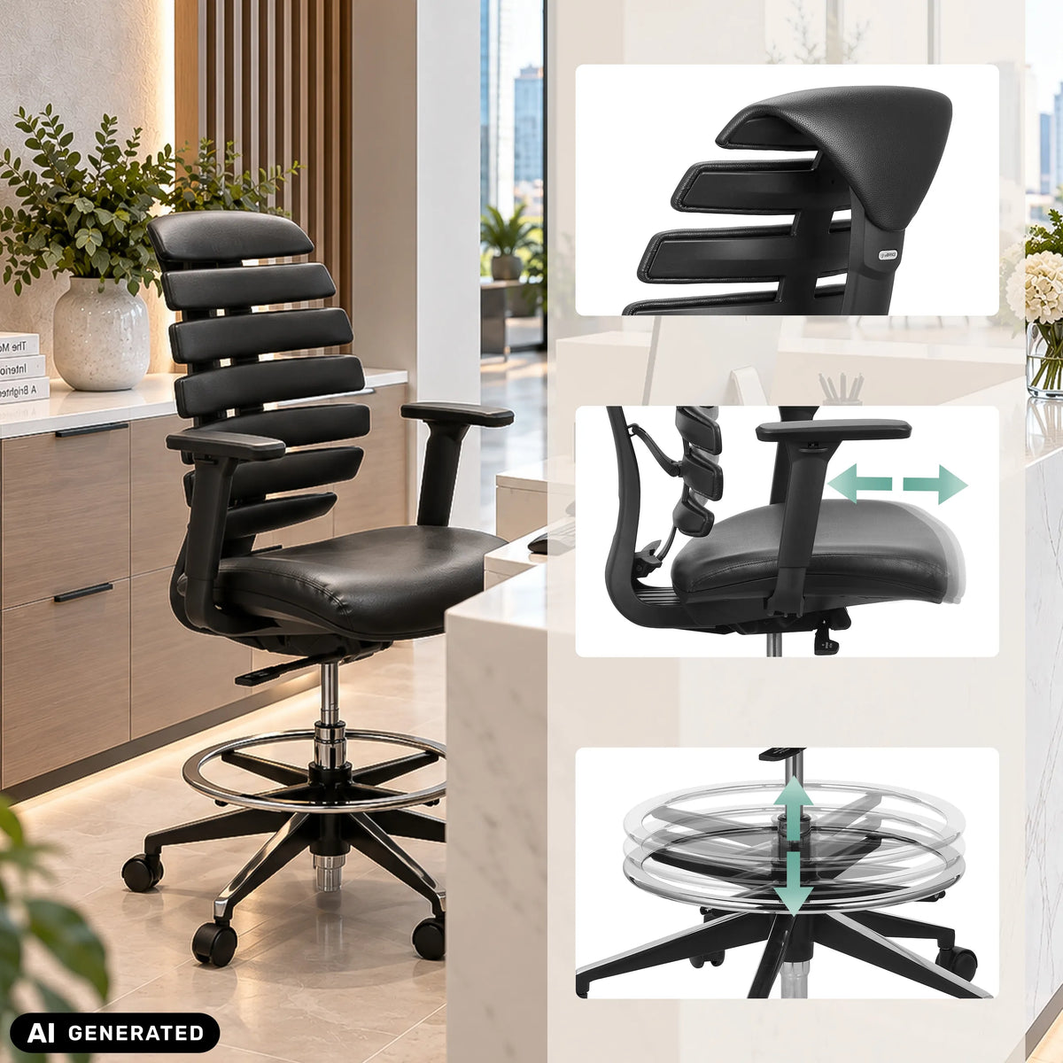 Chaise de comptoir ERGO LINE II WORK en cuir noir avec repose-pieds et accoudoirs réglables de hjh OFFICE (image générée par IA)