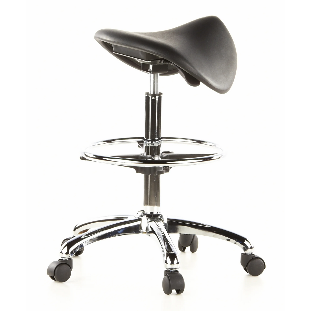 Tabouret de selle TOP WORK 13 noir avec repose-pieds et base à cinq roulettes de hjh OFFICE – vue à 360° (vue de trois quarts arrière 120°)