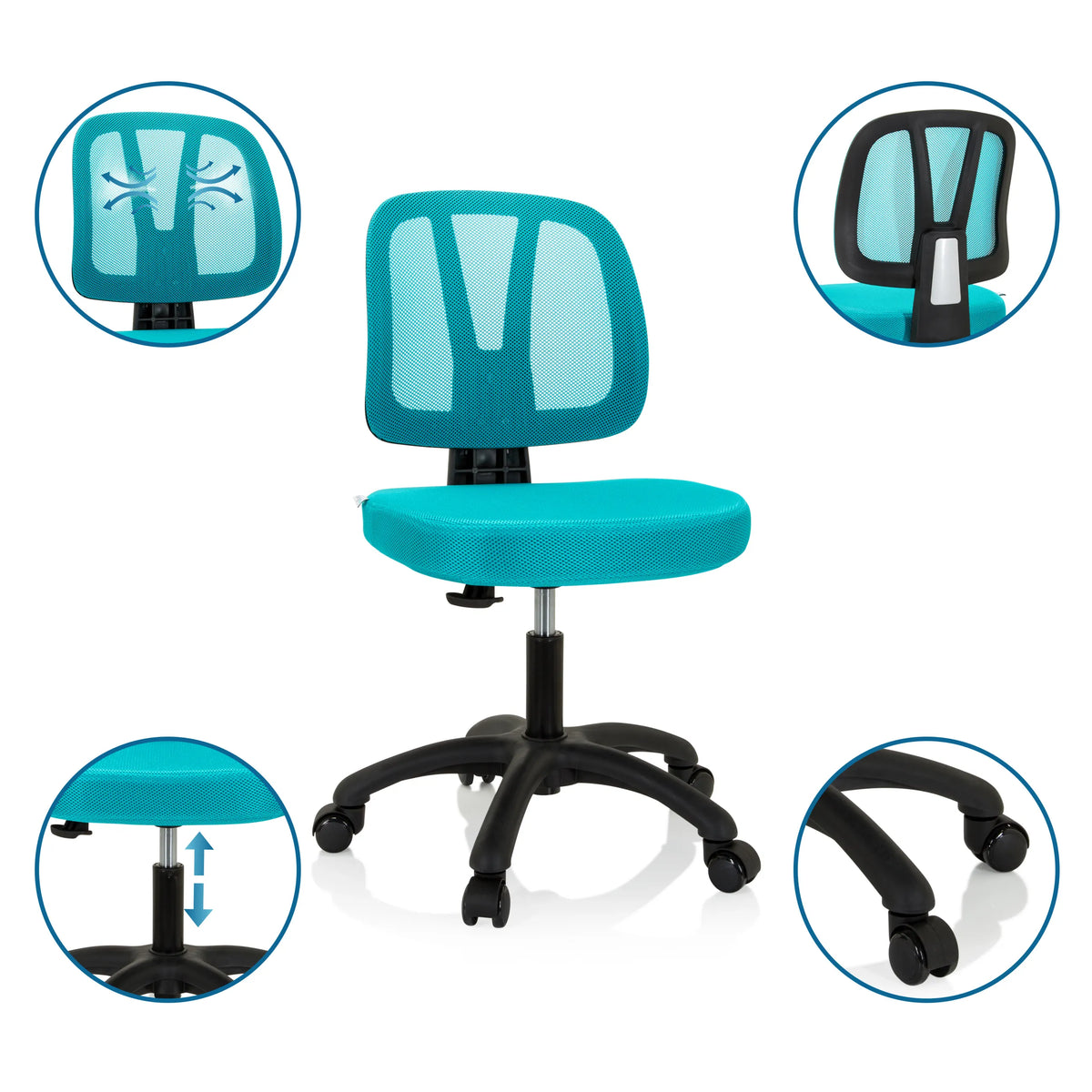 Chaise pivotante pour des enfants KID YU 200 turquoise avec dossier en maille et assise réglable en hauteur de hjh OFFICE