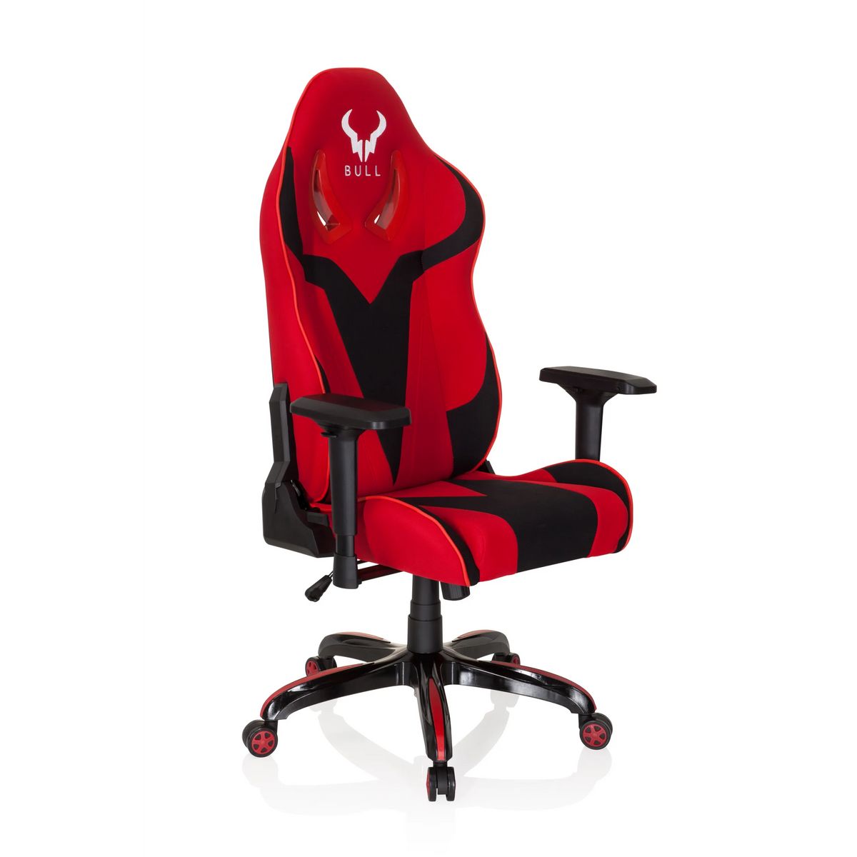 Fauteuil Gamer PROMOTER II rouge et noir avec accoudoirs et base à cinq roulettes de hjh OFFICE – vue à 360° (vue de trois quarts avant 40°)