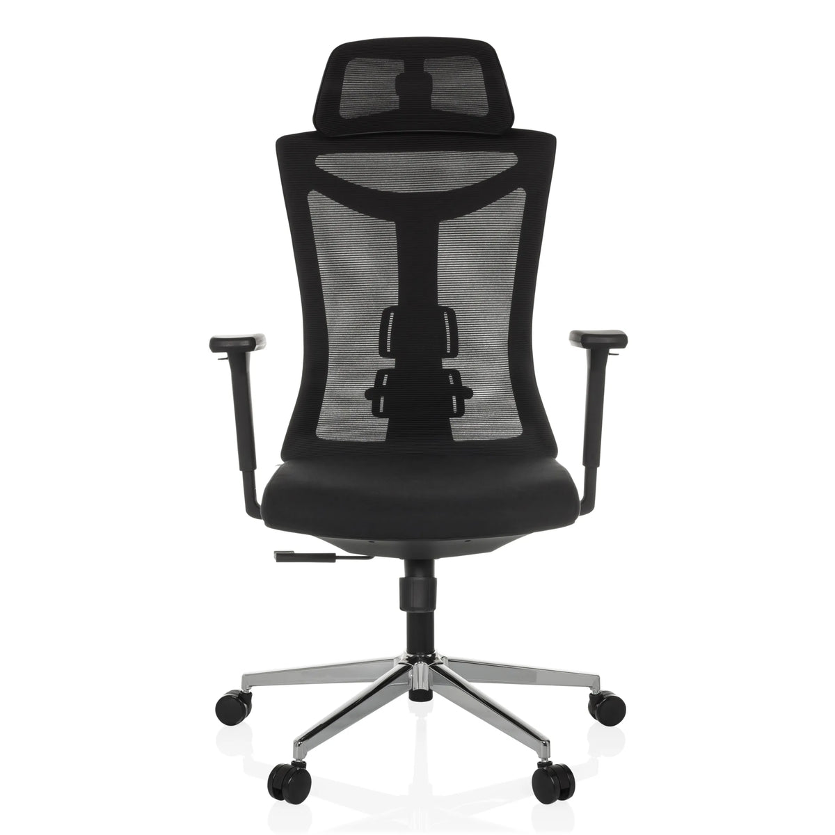 Siège de bureau de qualité professionnelle KAMIAK noir avec dossier en maille et base à cinq roulettes de hjh OFFICE – vue à 360° (vue de face 0°)