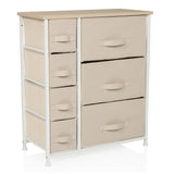 Commode beige FOLDRESS B avec sept tiroirs en tissu et structure blanche de hjh LIVING – vue à 360° (vue de trois quarts avant 30°)