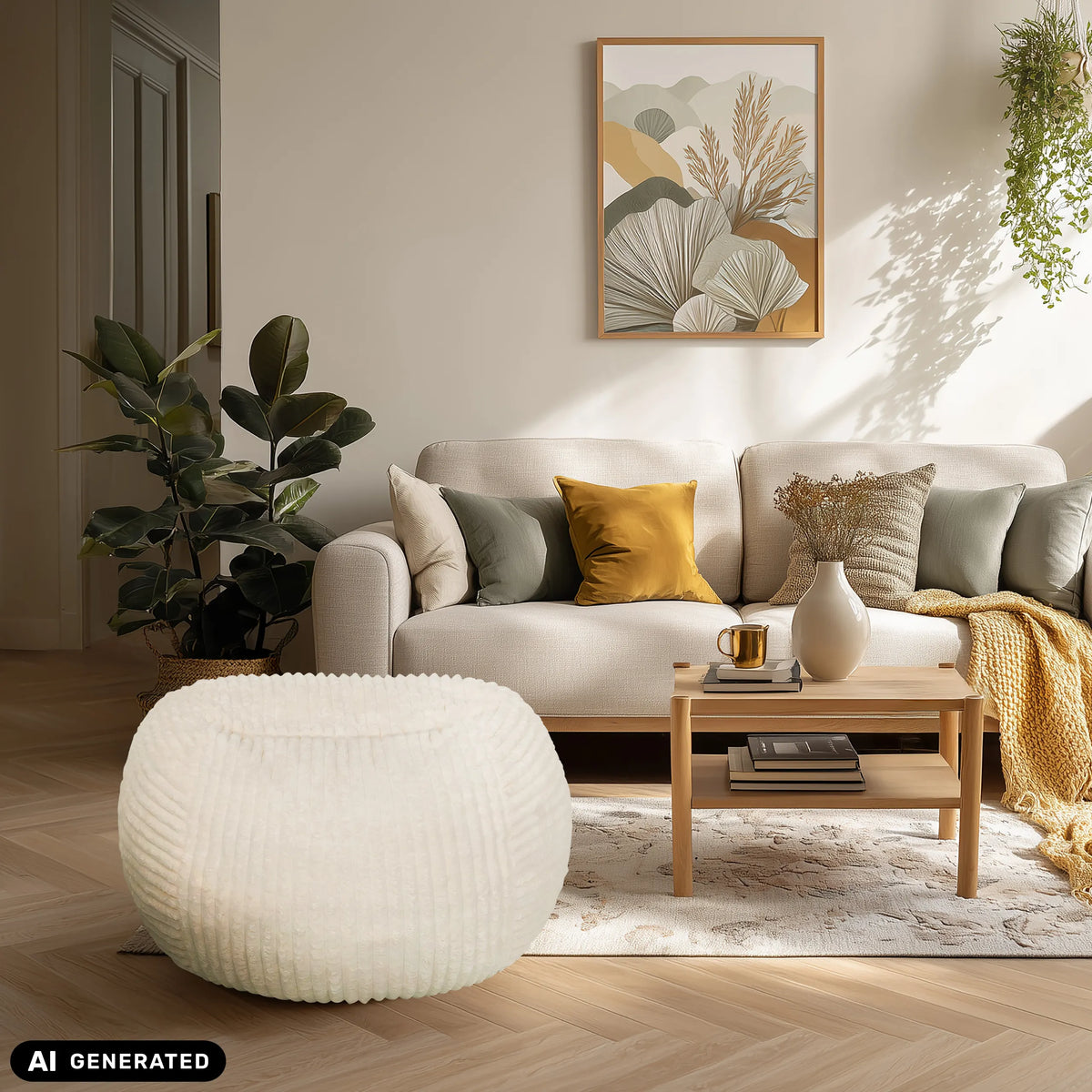 Pouf Sitzolo R beige dans un salon de hjh LIVING (image générée par IA)