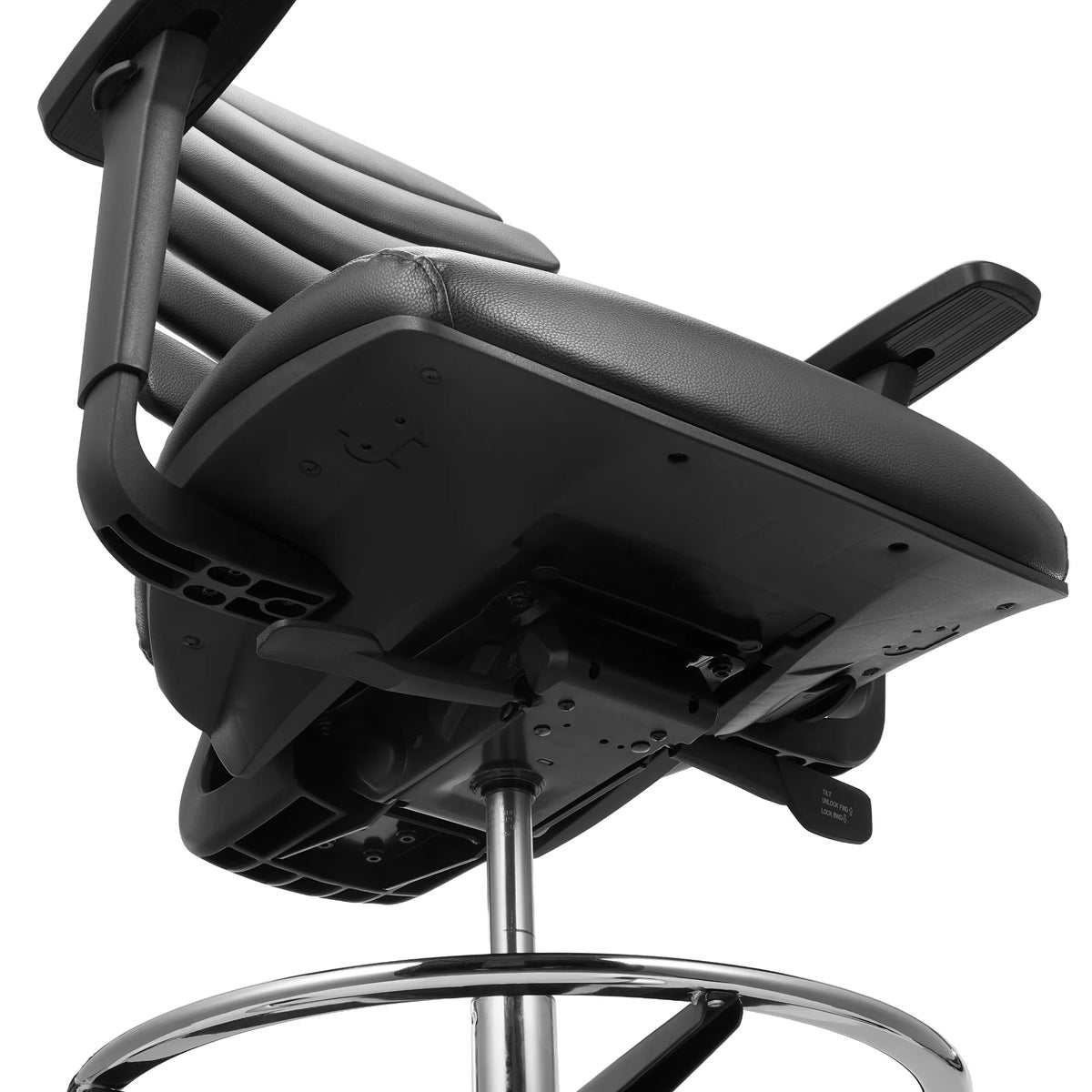 Dessous de l'assise et vérin à gaz de la chaise de comptoir ERGO LINE II WORK en similicuir noir de hjh OFFICE