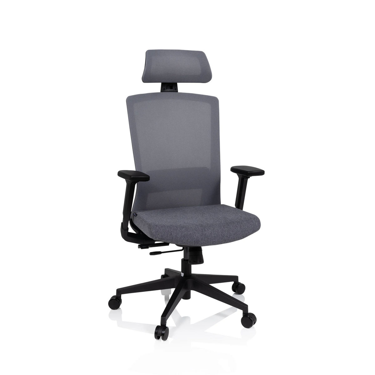 Siège de bureau de qualité professionnelle CAPTIVO gris avec dossier mesh, appui-tête et base à roulettes de hjh OFFICE – vue à 360° (vue de face 20°)
