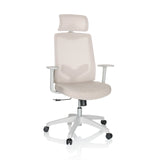 Siège de bureau à domicile MIKEO W beige avec appuie-tête et piètement blanc à cinq roulettes de hjh OFFICE – vue à 360° (vue de face 15°)