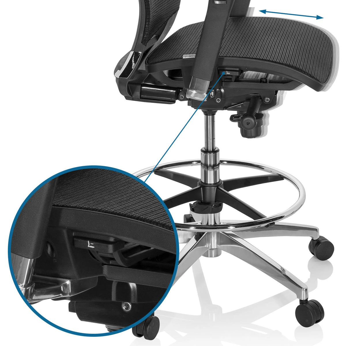Réglage de la hauteur d'assise et repose-pieds de la Chaise de comptoir TOP WORK 78 de hjh OFFICE