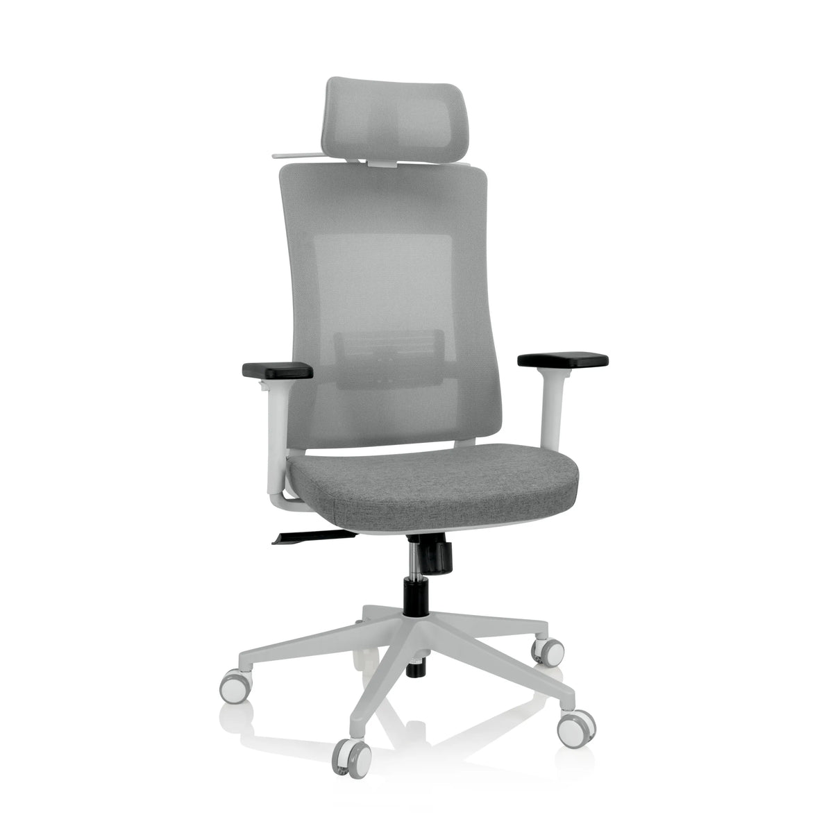 Siège de bureau de qualité professionnelle COMFIO WMH gris, dossier maille, appuie-tête et base à roulettes de hjh OFFICE – vue à 360° (vue de face 20°)