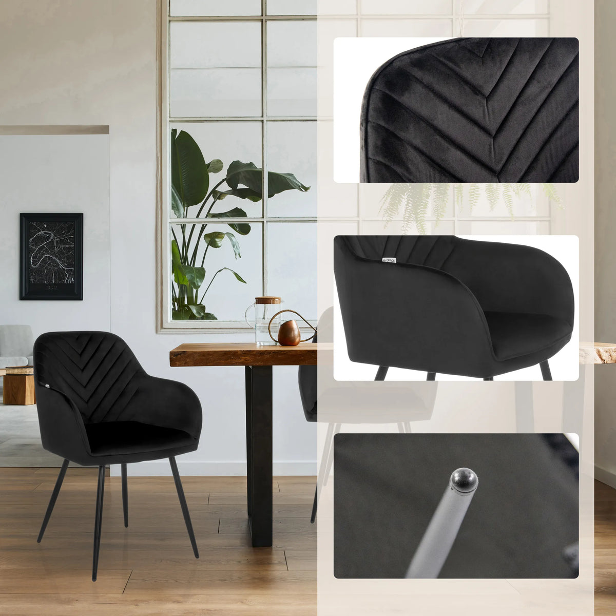Chaise de salle à manger noire CHARVELLE avec détails de coutures et pieds fins de hjh LIVING