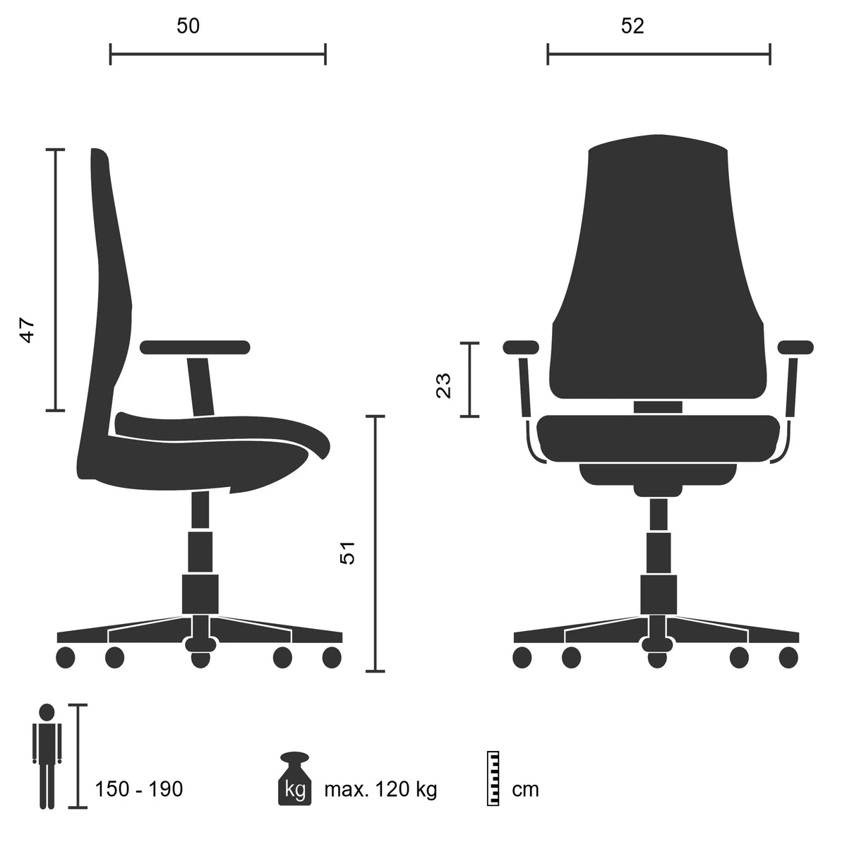 Dessin technique du siège visiteur PARIBA V IV avec une charge maximale de 120 kg de hjh OFFICE