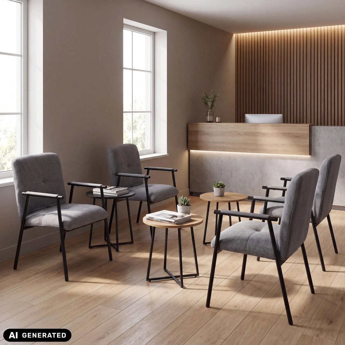 Chaises rembourrées grises Lifea Flex avec accoudoirs dans une zone d'attente de hjh LIVING (image générée par IA)