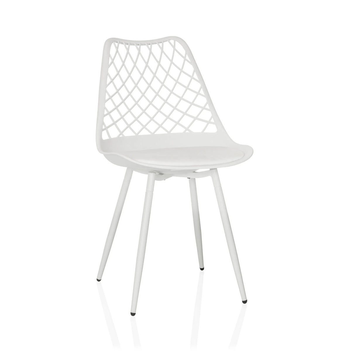 Chaise d'extérieur blanche BEGIO S avec dossier en grille et quatre pieds de hjh LIVING – vue à 360° (vue de face 15°)