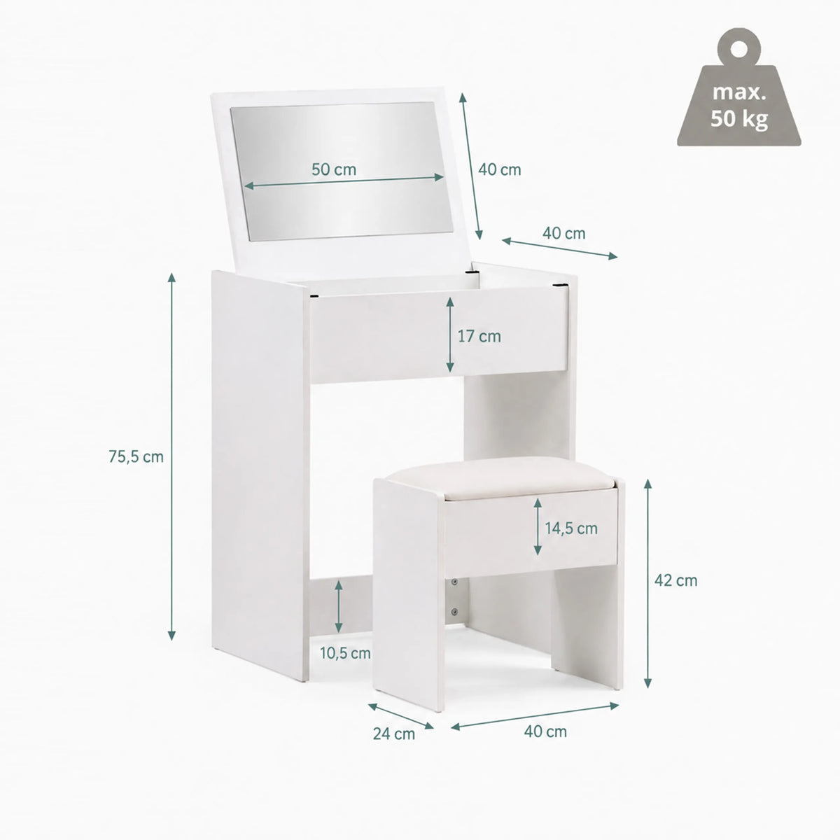 Dessin technique du miroir de maquillage Glamdesk avec une hauteur de 75,5 cm et une profondeur de 40 cm de hjh LIVING