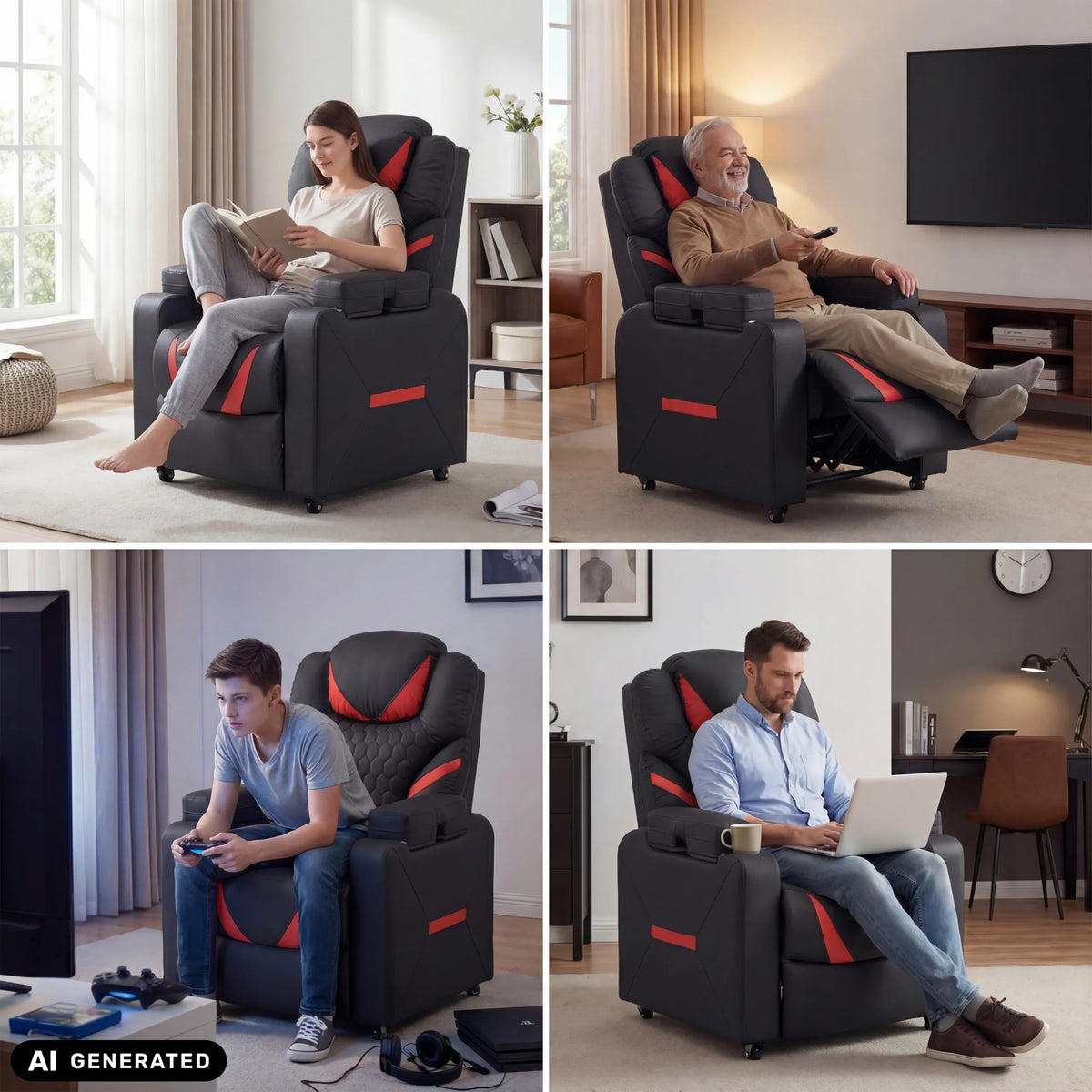 Fauteuil de salon Game Sport RX en noir-rouge dans différentes situations d'utilisation de hjh OFFICE (image générée par IA)