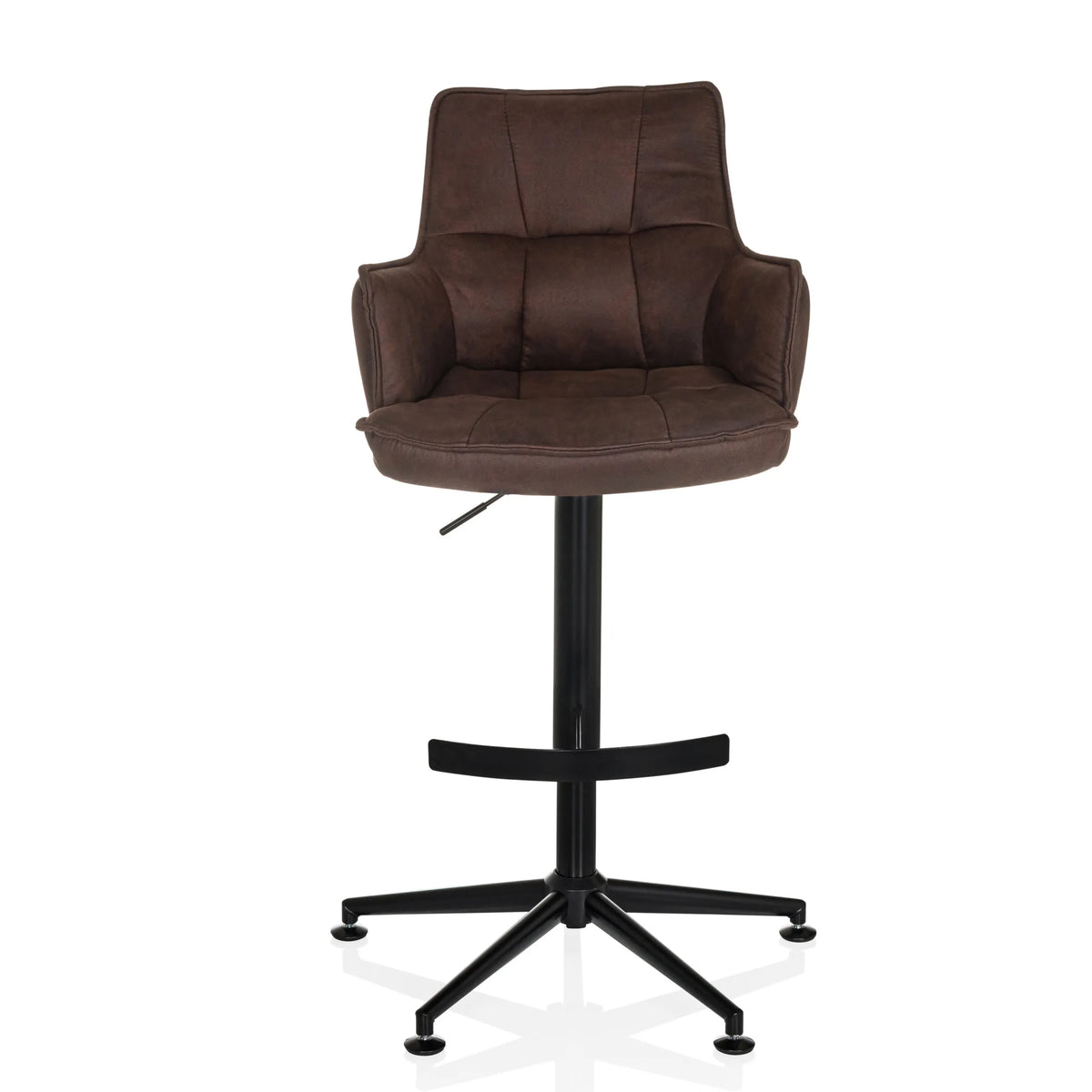Tabouret de bar SOLAO LIFE HIGH marron avec rembourrage capitonné et pied en croix noir de hjh LIVING – vue à 360° (vue de face 0°)