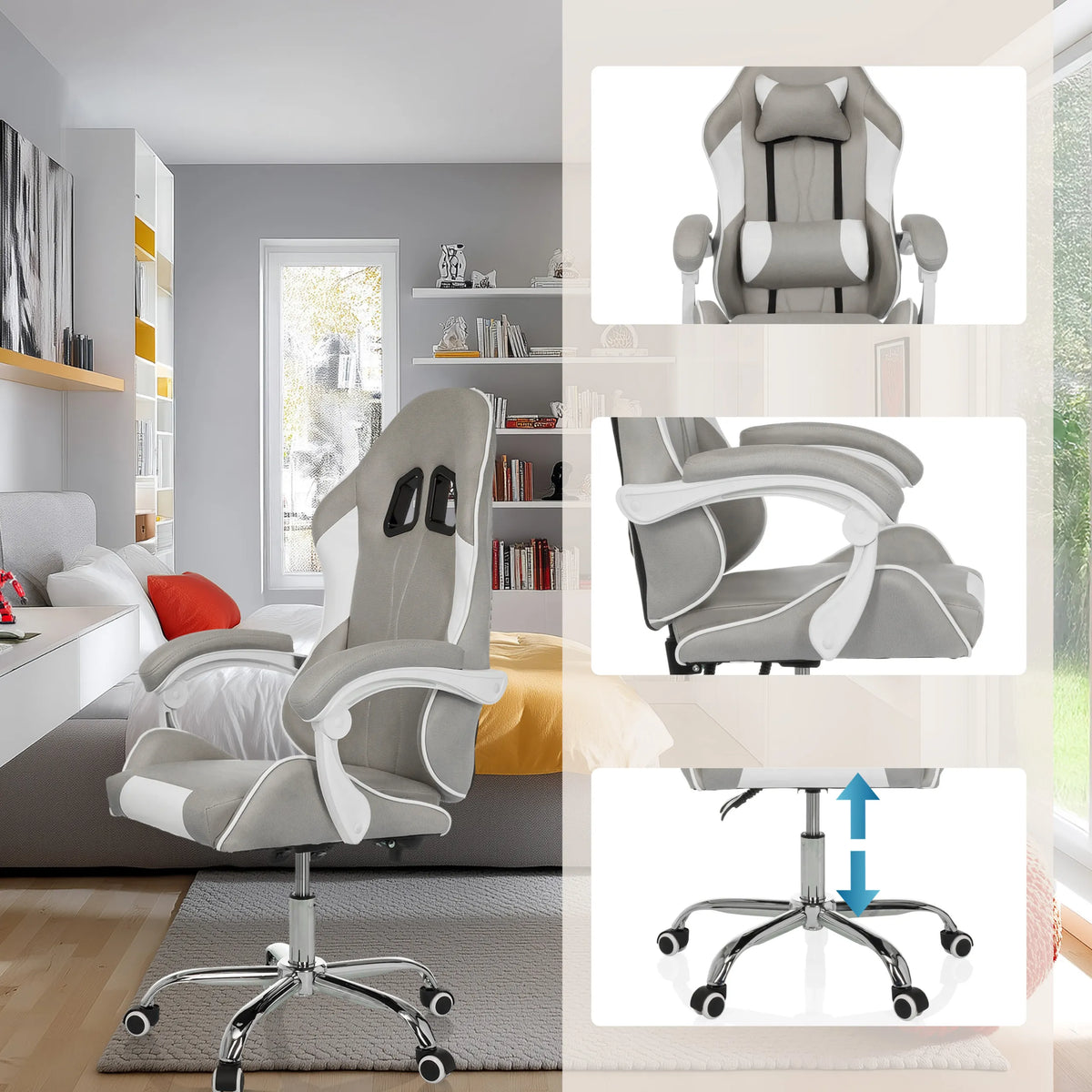 Fauteuil Gamer GAMEBREAKER W03 en gris et blanc avec vues détaillées de l'accoudoir, du repose-tête et du réglage de la hauteur de MyBuero
