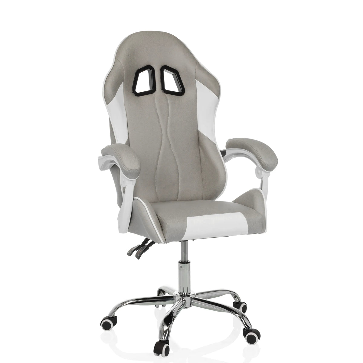 Fauteuil Gamer GAMEBREAKER W03 gris et blanc avec deux ouvertures pour appui-tête et base à cinq roulettes de MyBuero – vue à 360° (vue de face 15°)