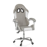 Fauteuil Gamer GAMEBREAKER W03 gris et blanc avec deux ouvertures pour appui-tête et base à cinq roulettes de MyBuero – vue à 360° (vue de face 15°)