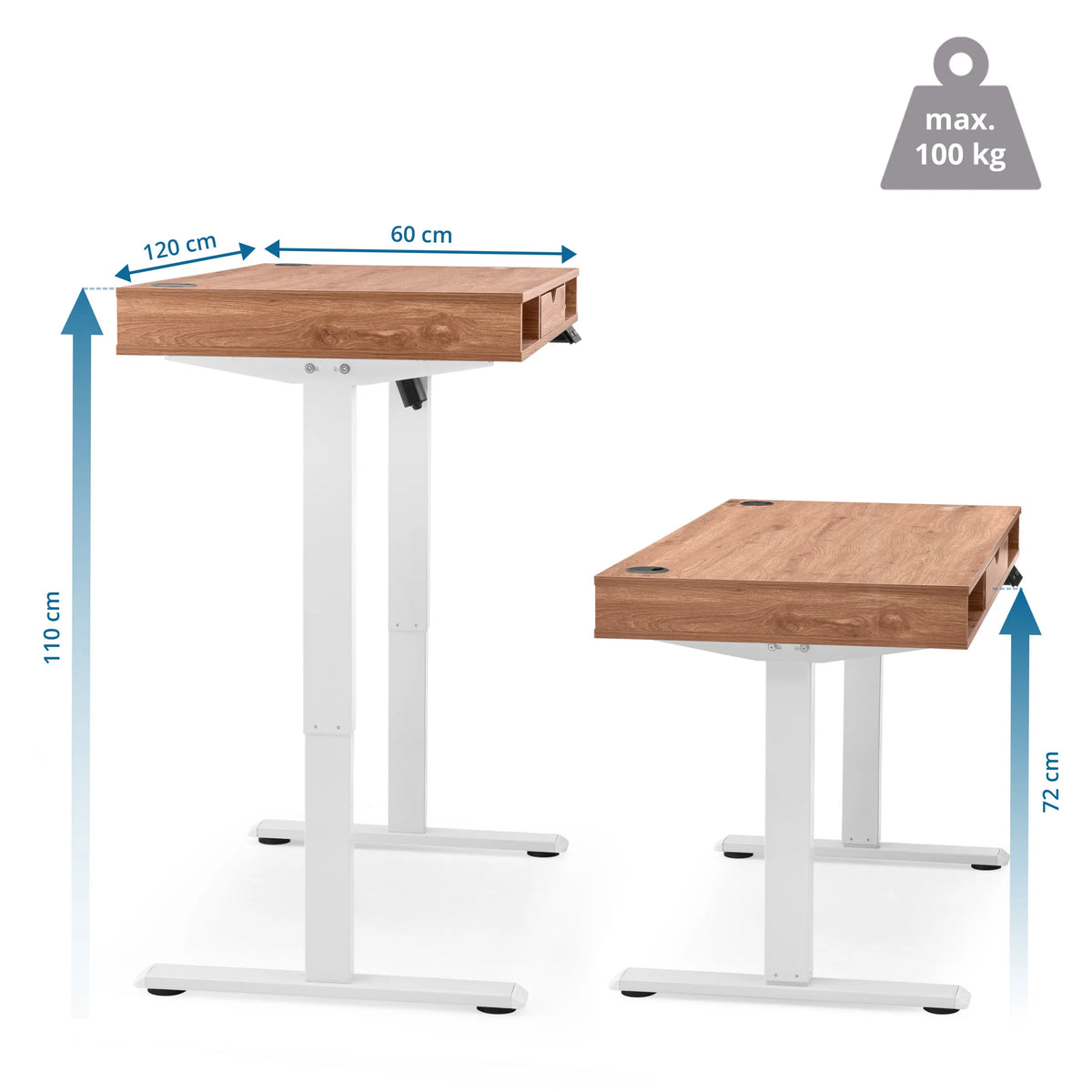 Dessin dimensionnel du bureau réglable en hauteur électriquement Worktime Style de 120 × 60 cm de hjh OFFICE
