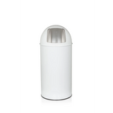 Poubelle PUSH 35L blanche avec sommet arrondi et ouverture de dépôt argentée de hjh OFFICE – vue à 360° (vue de face 0°)
