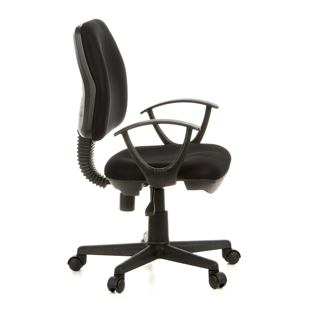 Siège de bureau à domicile CITY 10 noir avec dossier en maille, accoudoirs et base à cinq roulettes de hjh OFFICE – vue à 360° (vue de profil 80°)