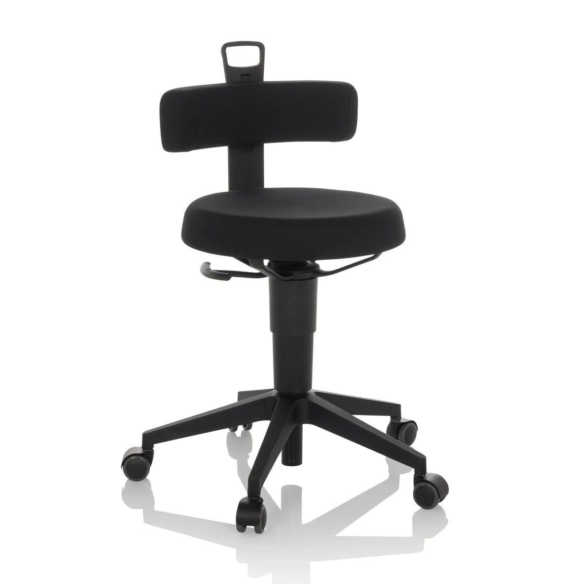 Tabouret pivotant noir TOP WORK FLEX avec dossier, poignée et piètement à cinq roulettes de hjh OFFICE – vue à 360° (vue de face 15°)