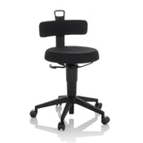 Tabouret pivotant noir TOP WORK FLEX avec dossier, poignée et piètement à cinq roulettes de hjh OFFICE – vue à 360° (vue de face 15°)