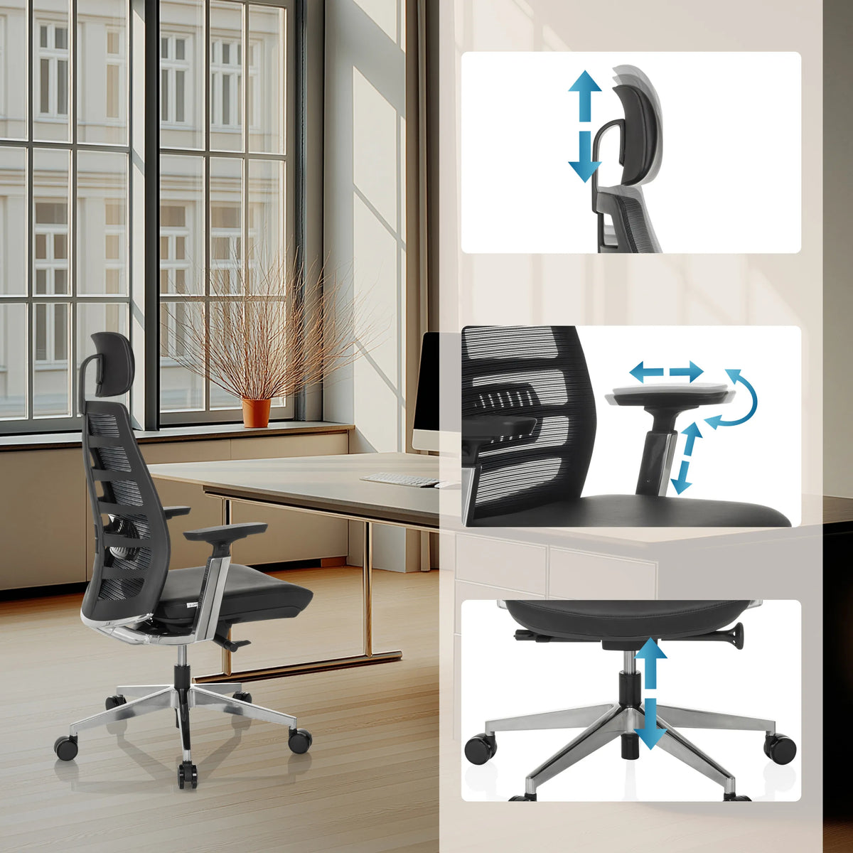 Appuie-tête, accoudoirs et hauteur d'assise réglables du Siège de bureau haut de gamme SPINIO ELITE L de hjh OFFICE