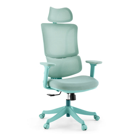Siège de bureau à domicile Ergomy Colore turquoise avec revêtement en maille, appui-tête et piètement à roulettes de MyBuero