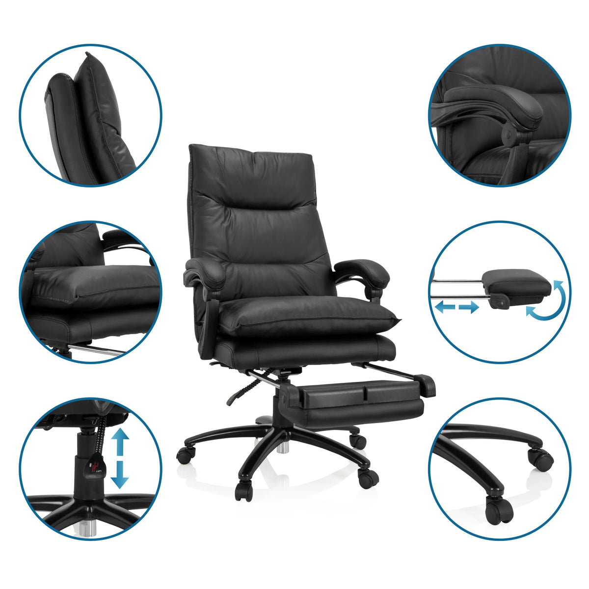 Homeoffice Chefsessel RELAX CL 200 aus schwarzem Kunstleder mit ausziehbarer Fußstütze und Detailansichten von MyBuero