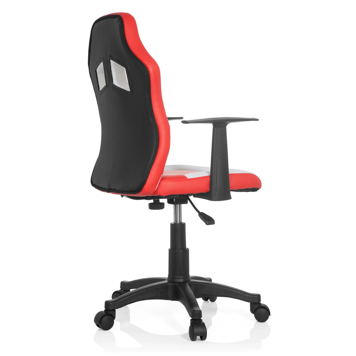 Chaise pivotante pour enfants TEEN GAME AL rouge et blanche avec accoudoirs et pied étoilé noir à cinq roulettes de hjh OFFICE – vue à 360° (vue de trois quarts arrière 120°)