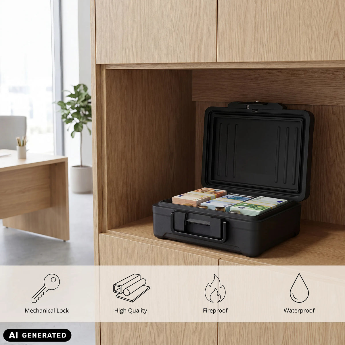 Coffre-fort noir ouvert Safe Compact Slim avec des liasses de billets sur une étagère en bois de hjh OFFICE (image générée par IA)