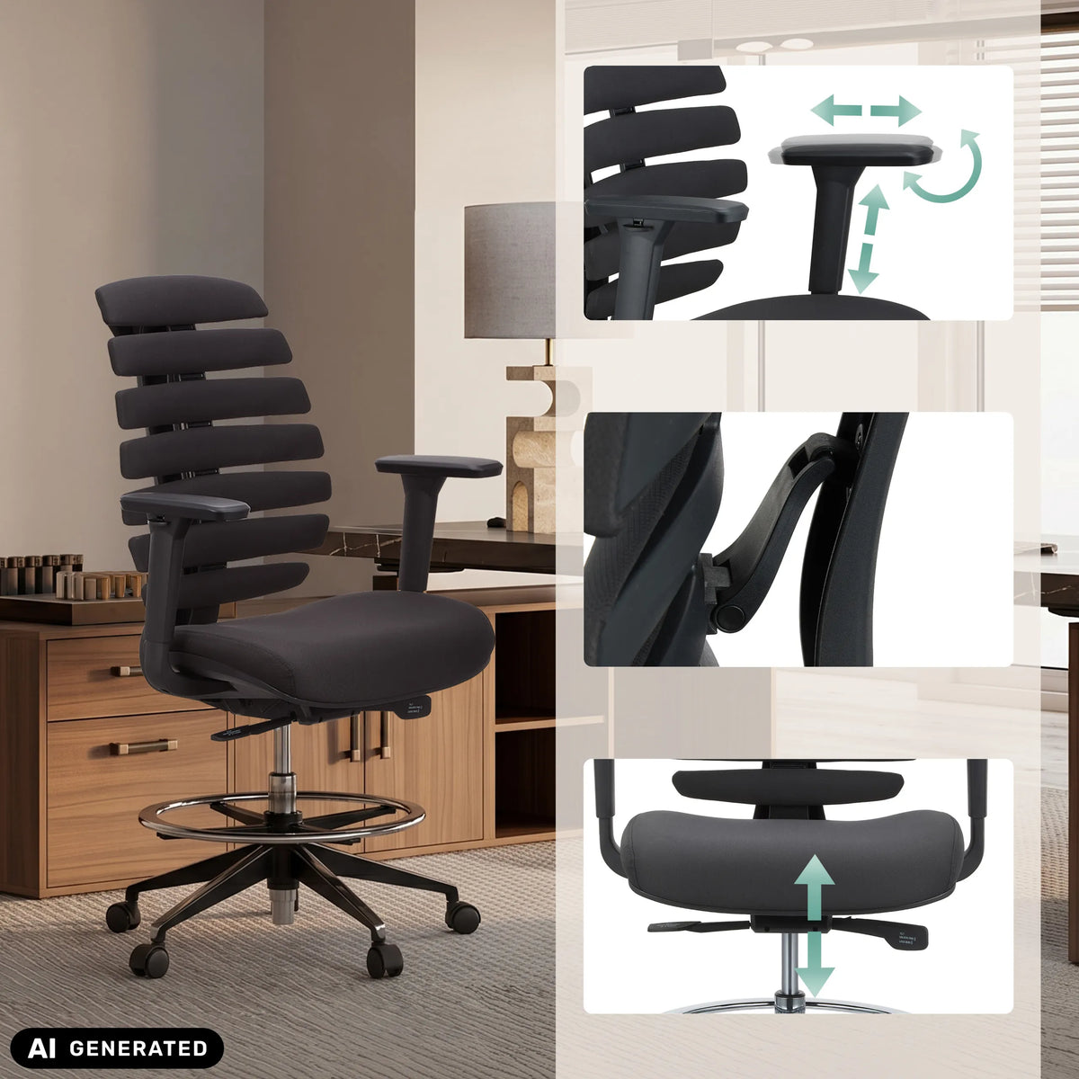 Accoudoirs, dossier et hauteur d'assise réglables de la chaise de comptoir ERGO LINE II WORK en noir de hjh OFFICE