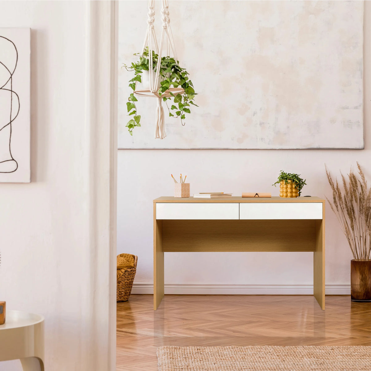 Bureau BERGA en blanc et chêne avec deux tiroirs de hjh LIVING