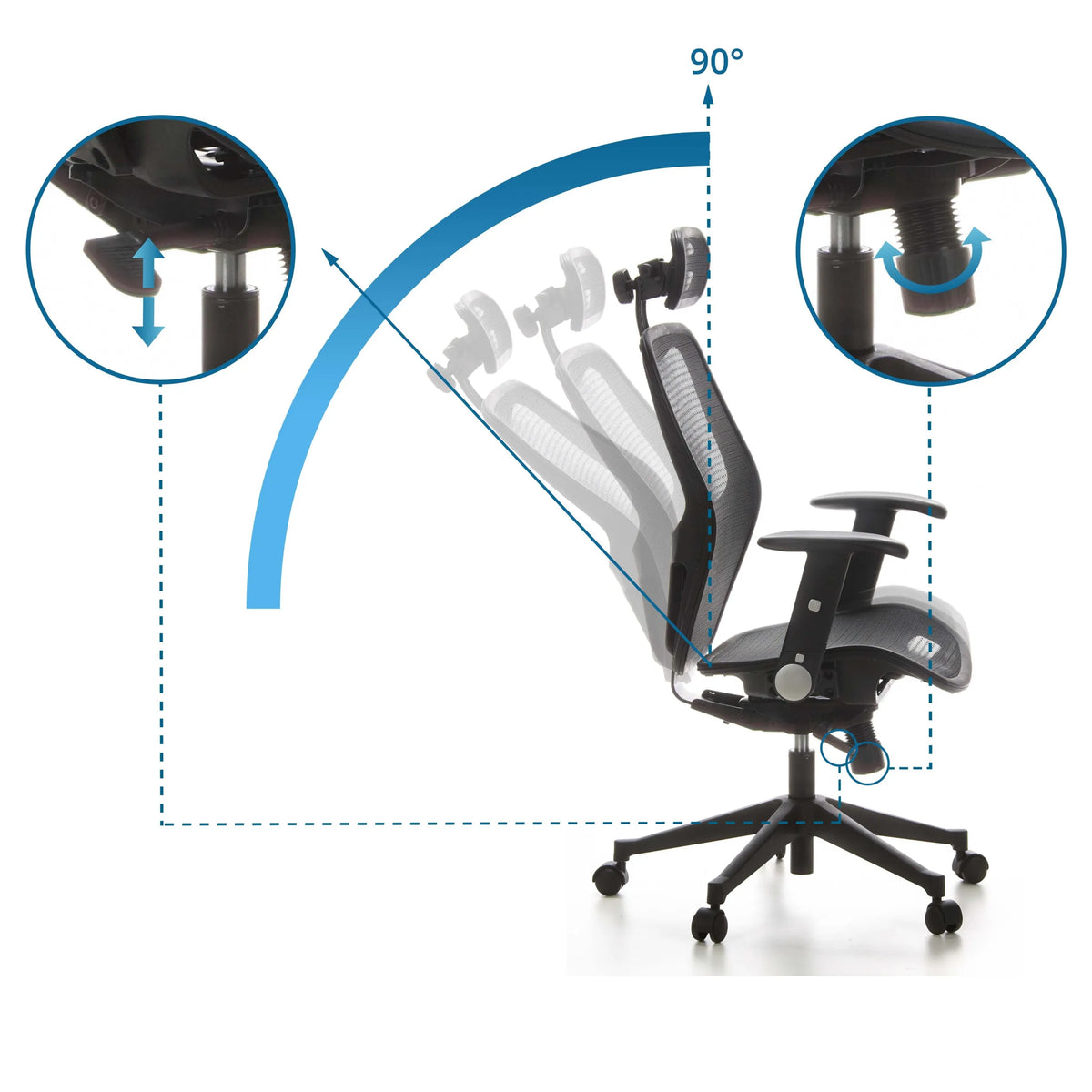 Mécanisme de réglage et amplitude d'inclinaison jusqu'à 90 degrés du Siège de bureau de qualité professionnelle AIR-PORT de hjh OFFICE