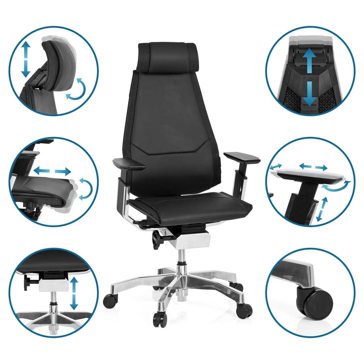 Fonctions réglables du Siège de bureau haut de gamme GENIDIA PRO en cuir noir de hjh OFFICE
