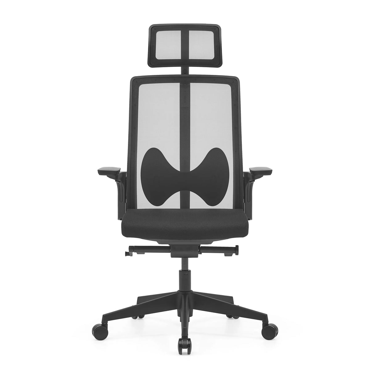 Siège de bureau de qualité professionnelle ARCEO B noir avec dossier en maille, appuie-tête et base à cinq roulettes de hjh OFFICE – vue à 360° (vue de face 0°)
